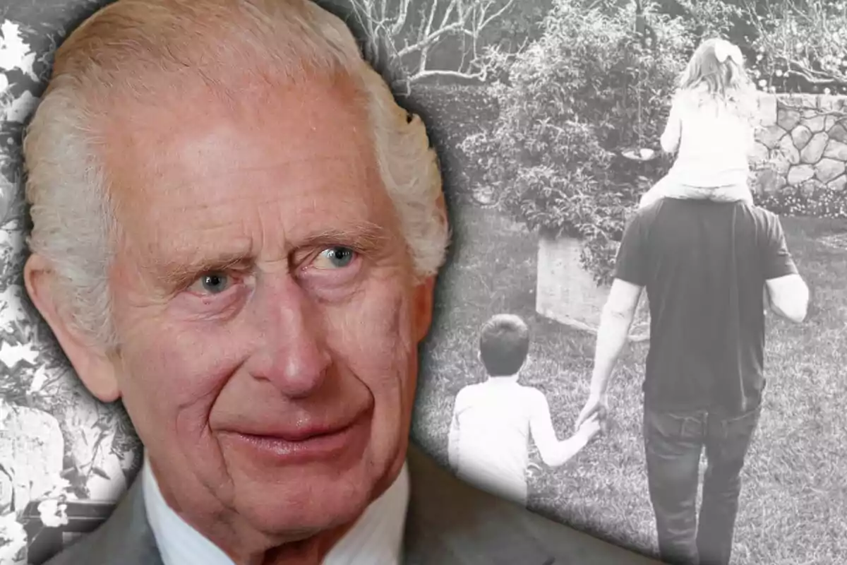 An older man with gray hair appears in the foreground, while in the background there is a black-and-white image of an adult walking hand in hand with a child and carrying a girl on his shoulders in a garden.