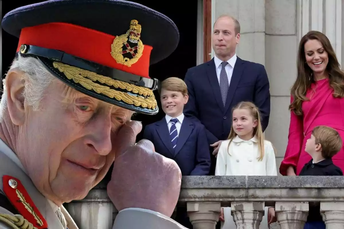 An elderly man in a military uniform looks excited while a family is seen on a balcony in the background.