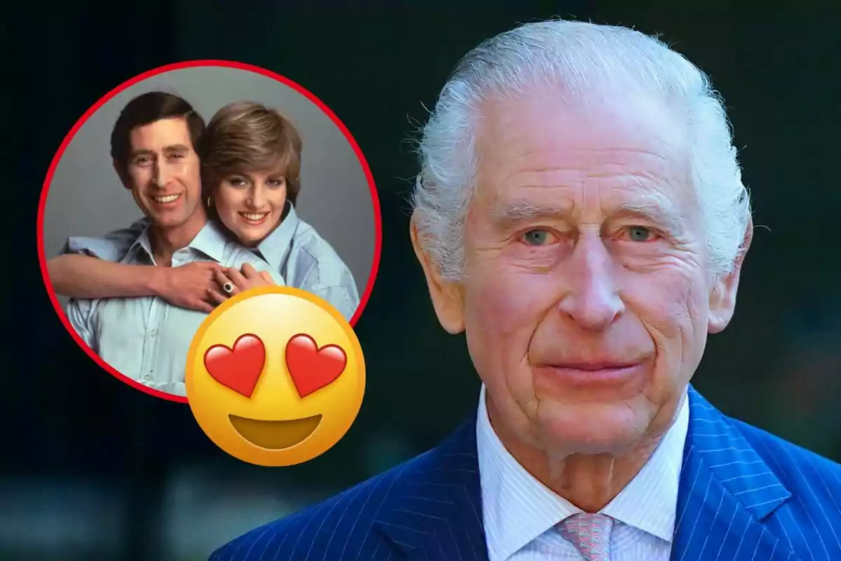 Un hombre mayor con traje azul y corbata, con una imagen circular superpuesta de una pareja abrazada y un emoji de ojos de corazón.