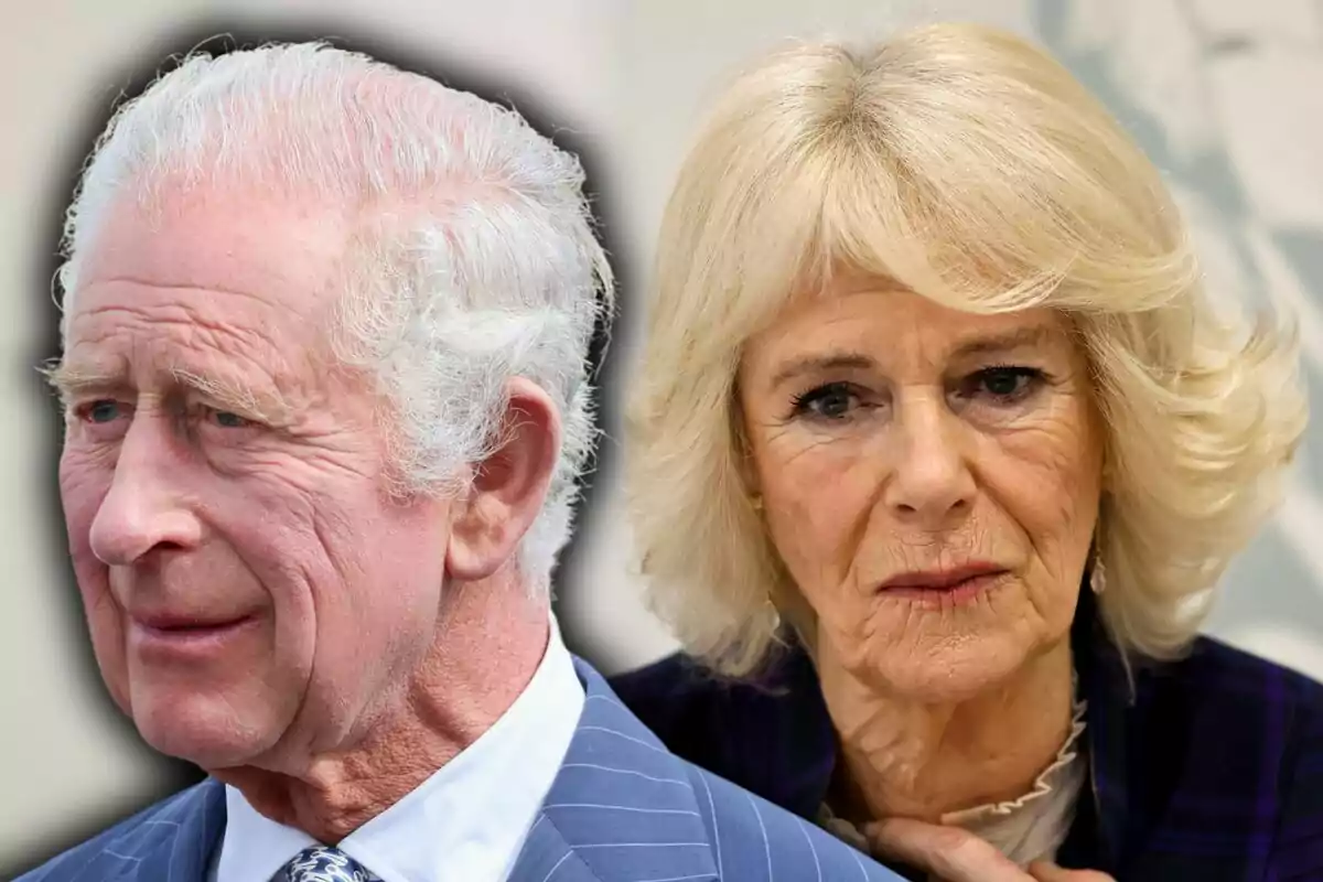 A gray-haired man and an elderly blonde woman appear together looking forward with serious expressions.