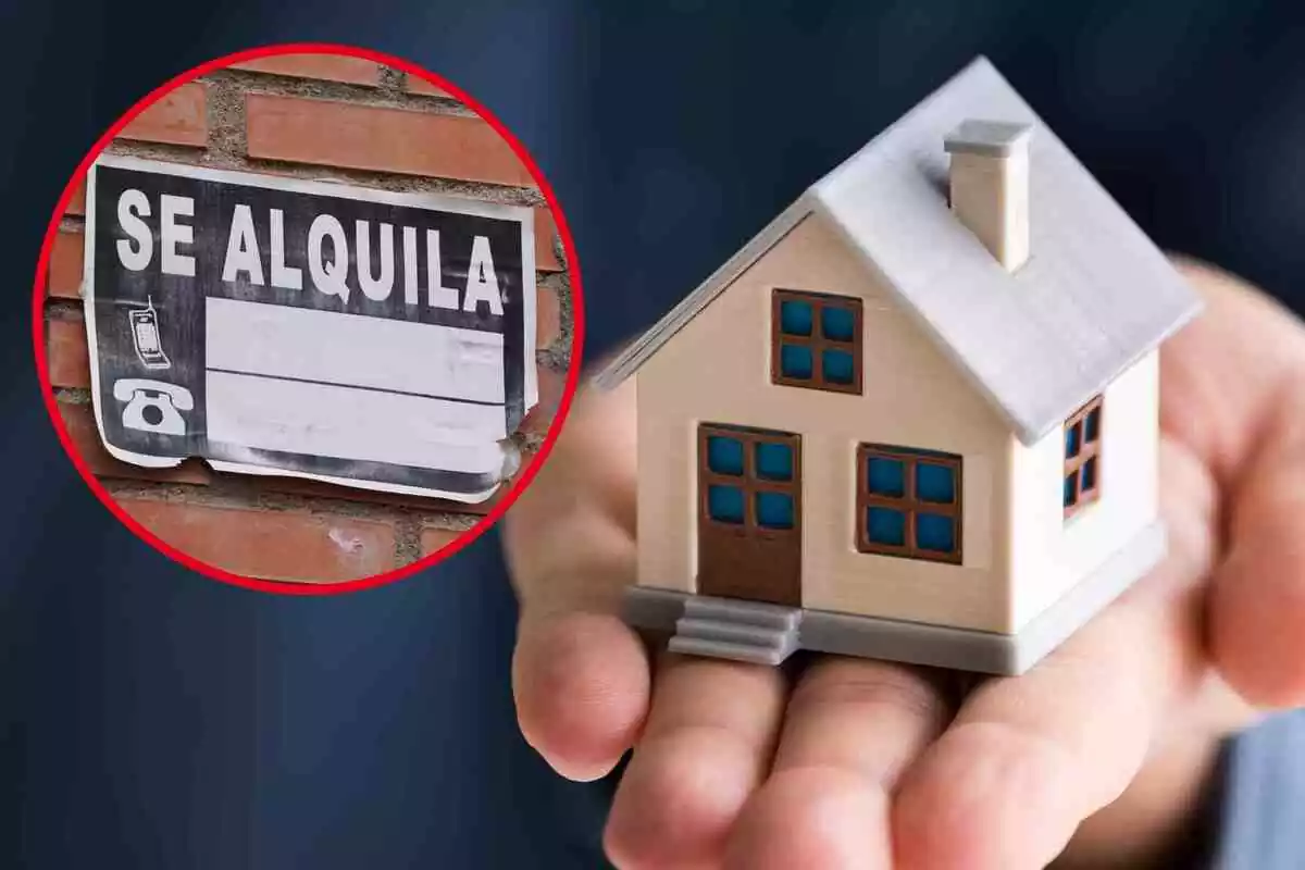 Fotomuntatge amb una imatge de fons de la maqueta d'una casa i una rodona vermella amb un cartell de 'Es lloga' Fotomuntatge amb una imatge de fons de la maqueta d'una casa i una rodona vermella amb un cartell de 'Es lloga'
