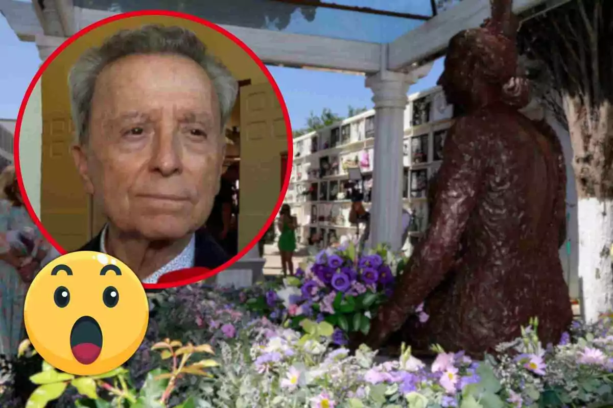 José Ortega Cano en un cercle vermell amb una expressió seriosa, una estàtua de Rocío Jurado d'esquena envoltada de flors i un emoji sorprès a la cantonada inferior esquerra.