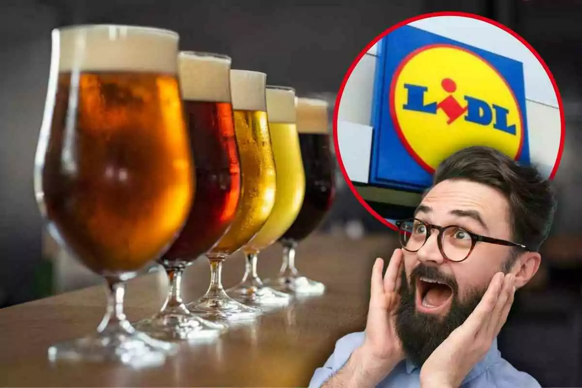 Home sorprès amb una fila de cerveses i el logotip del supermercat Lidl.