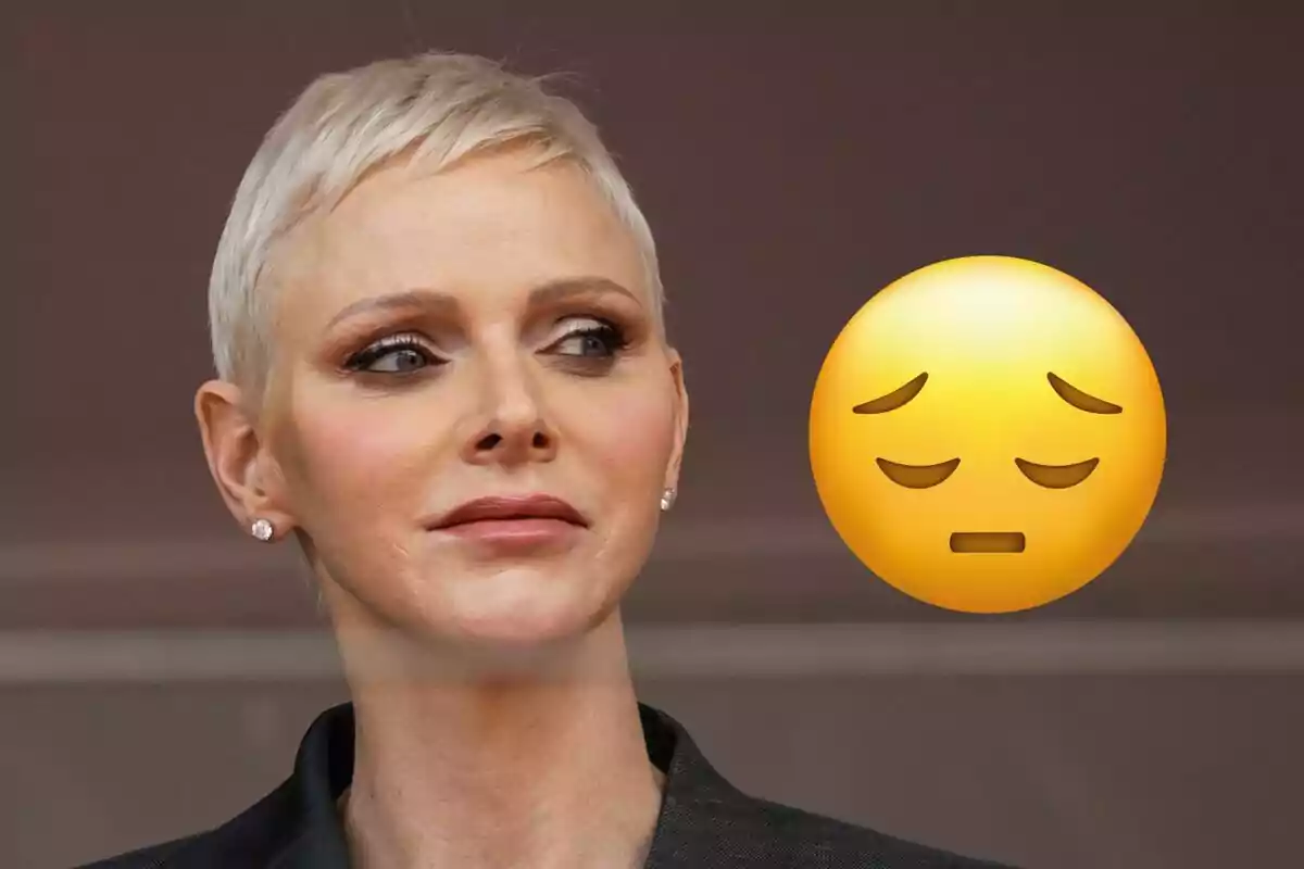 Short-haired blonde woman with a serious expression next to a sad emoji