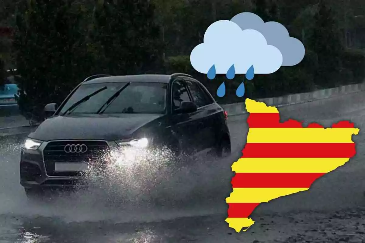 Un cotxe Audi negre conduint sota la pluja amb un mapa de Catalunya i una icona de núvol amb pluja. Un cotxe Audi negre conduint sota la pluja amb un mapa de Catalunya i una icona de núvol amb pluja.