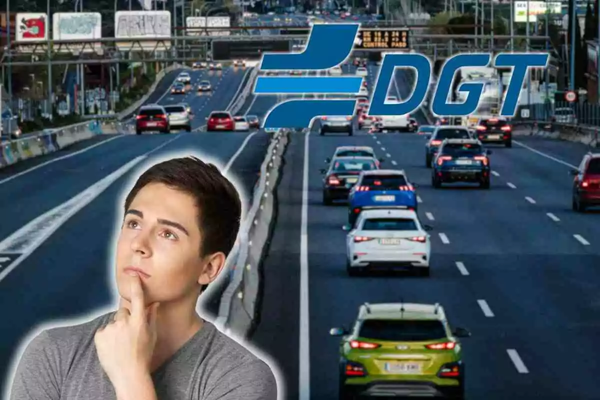 Fotomuntatge amb una imatge de fons d'una carretera amb cotxes, al capdavant un logotip de DGT i un home pensatiu