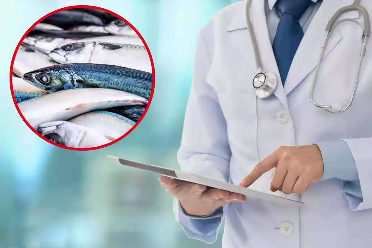 Fotomuntatge amb una imatge de fons d'un metge assenyalant un informe i una rodona vermella al capdavant amb diversos peixos en primer pla