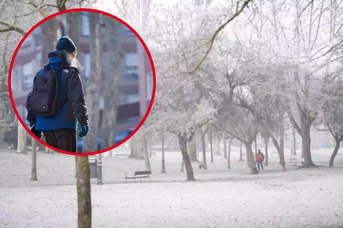 Fotomuntatge amb una imatge de fons d'un paisatge nevat i davant una rodona vermella amb una persona passant fred pel carrer i ben abrigada