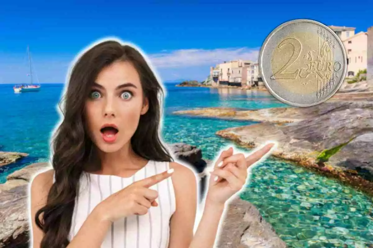 Dona sorpresa assenyalant una moneda de dos euros sobre un fons de mar i cases costaneres.