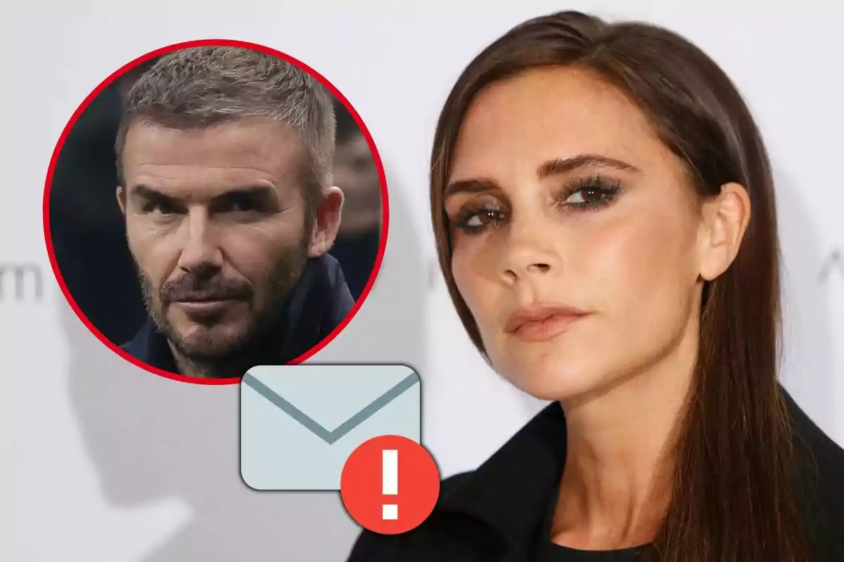 A woman with brown hair and a serious expression appears in the foreground while a bearded man with short hair is shown in a red circle next to an envelope icon with an exclamation mark.