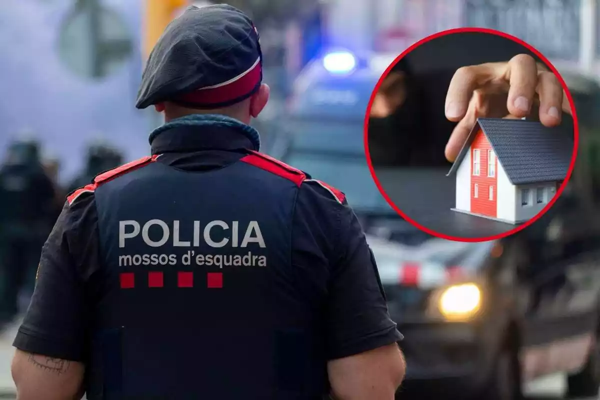 Fotomuntatge d'un agent dels Mossos d'Esquadra d'esquena i una foto d'arxiu d'un lladre agafant amb la mà una maqueta d'una casa