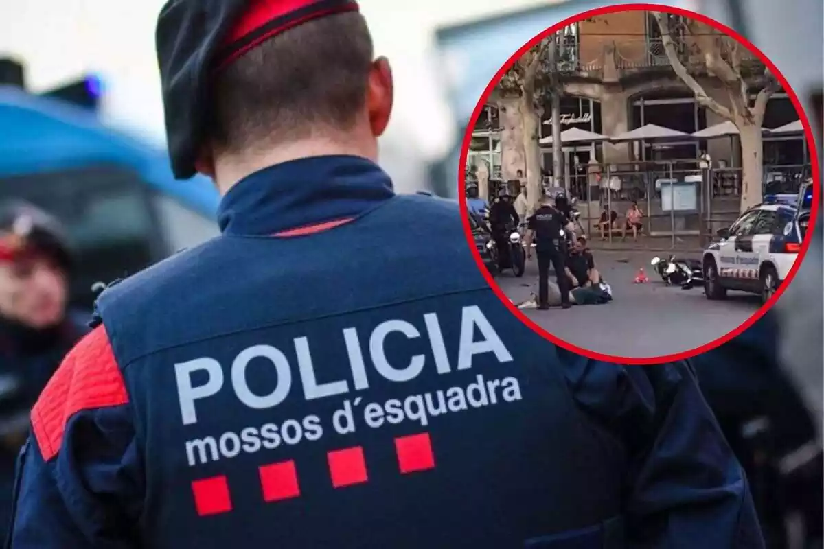 Fotomuntatge d'un agent dels Mossos d'Esquadra d'esquena i una captura del moment en què els Mossos atropellen un motorista a Barcelona
