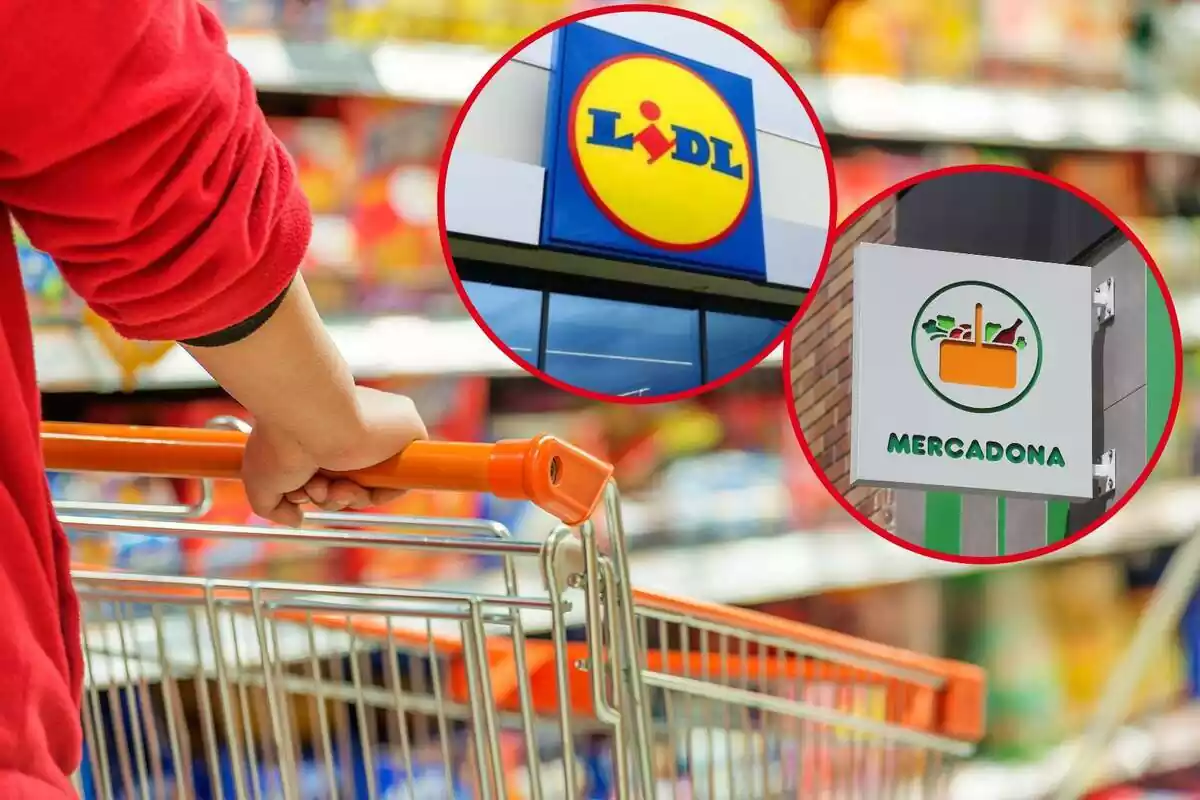 Fotomuntatge amb un carro de supermercat de fons i al capdavant dues rodones vermelles amb els logos de Lidl i Mercadona