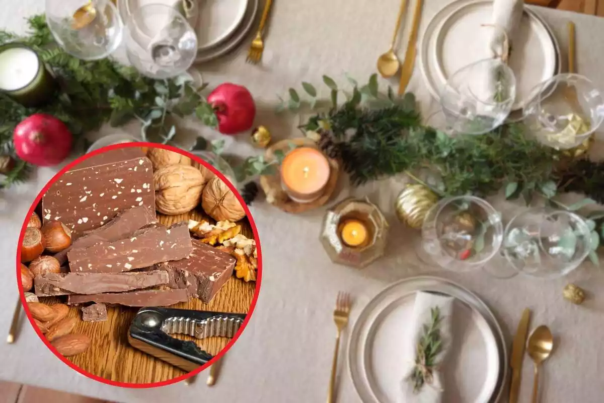 Fotomontaje de una mesa parada por una comida de Navidad de fondo y al frente una redonda roja con una foto de un turrón de chocolate cortado