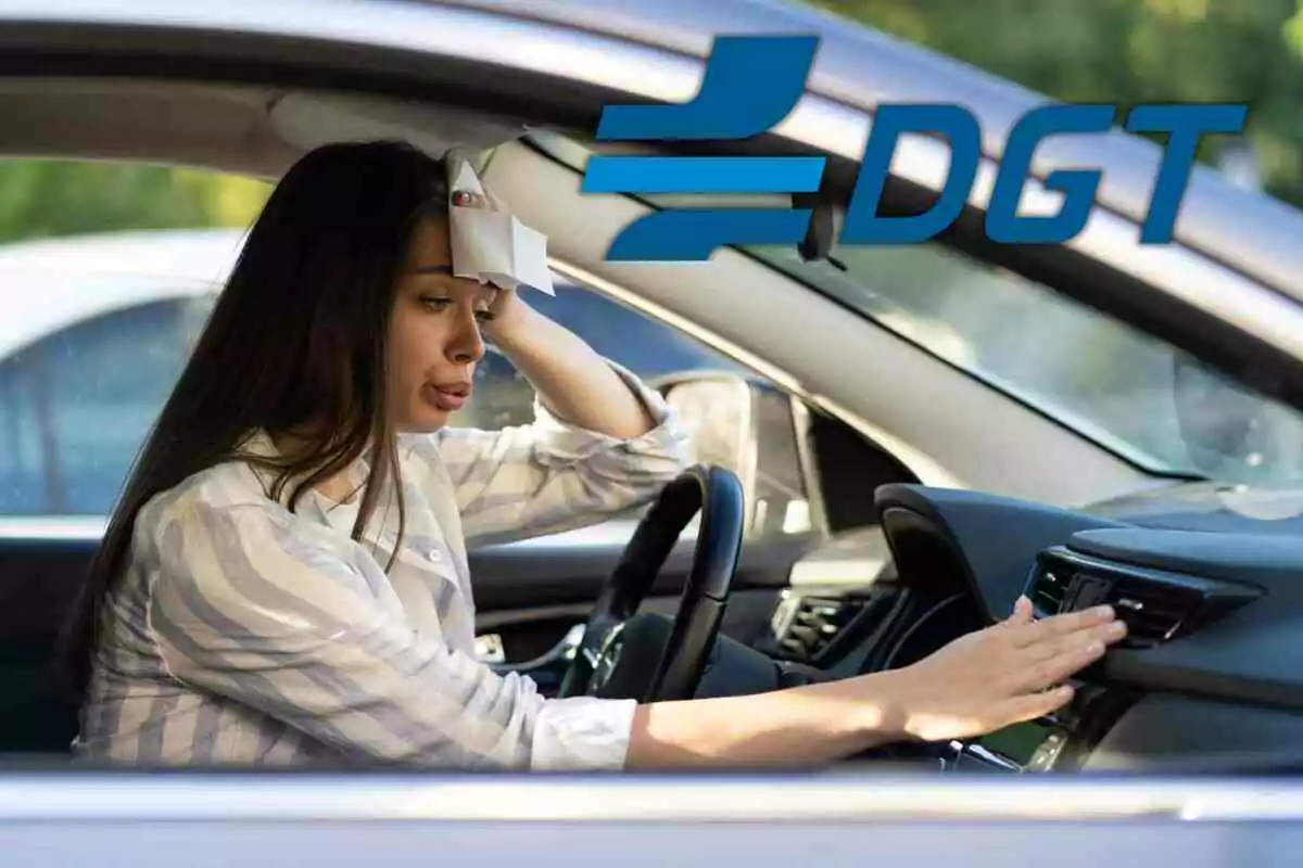 Fotomuntatge d'una dona passant calor al cotxe i al capdavant el logo de la DGT