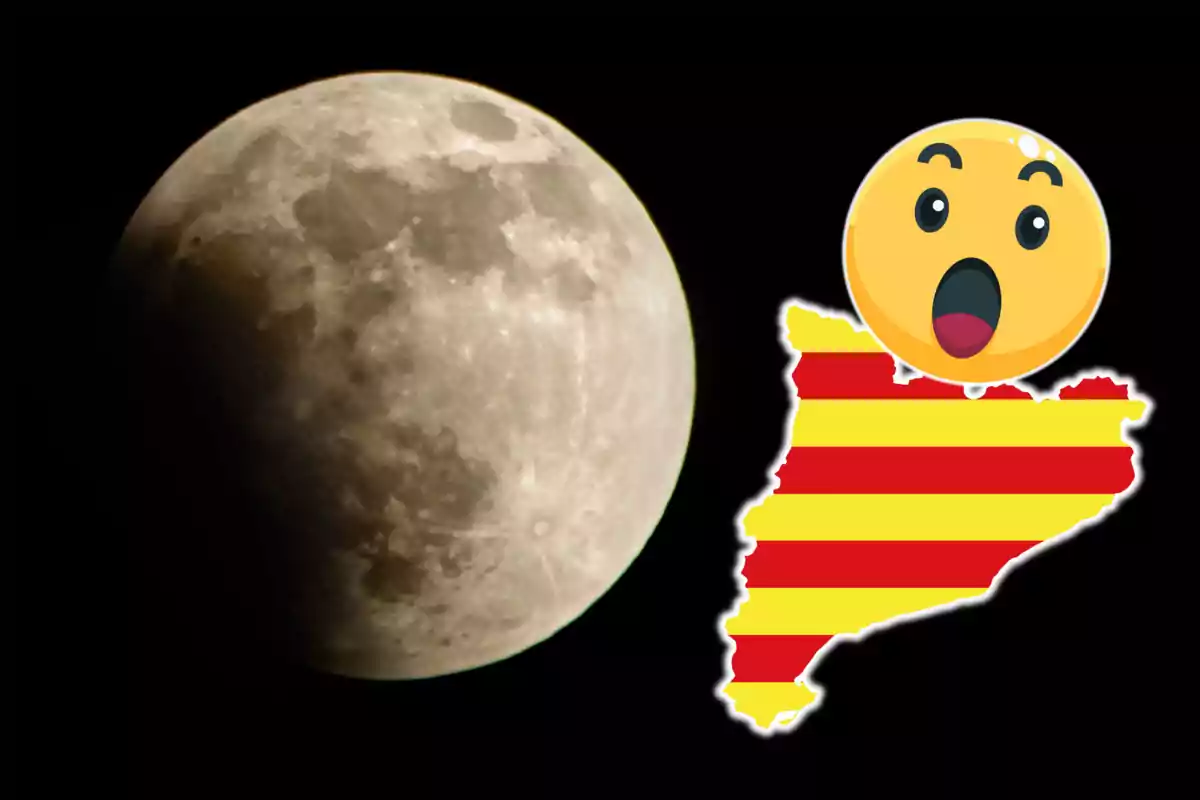 Imagen de la luna parcialmente oscurecida junto a un emoji sorprendido sobre un mapa con la bandera de Cataluña. Imagen de la luna parcialmente oscurecida junto a un emoji sorprendido sobre un mapa con la bandera de Cataluña.