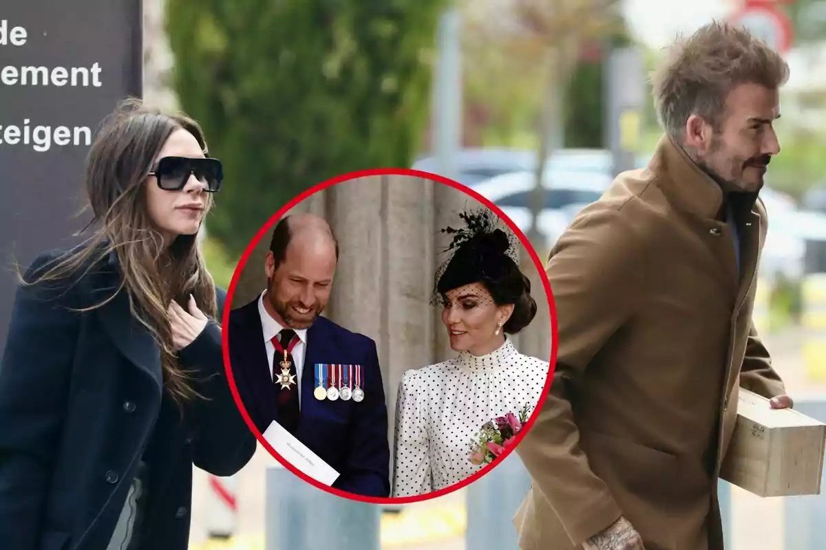 A woman with sunglasses and a man with a coat walk outdoors, while a couple dressed formally is seen in a red circle. A woman with sunglasses and a man with a coat walk outdoors, while a couple dressed formally is seen in a red circle.