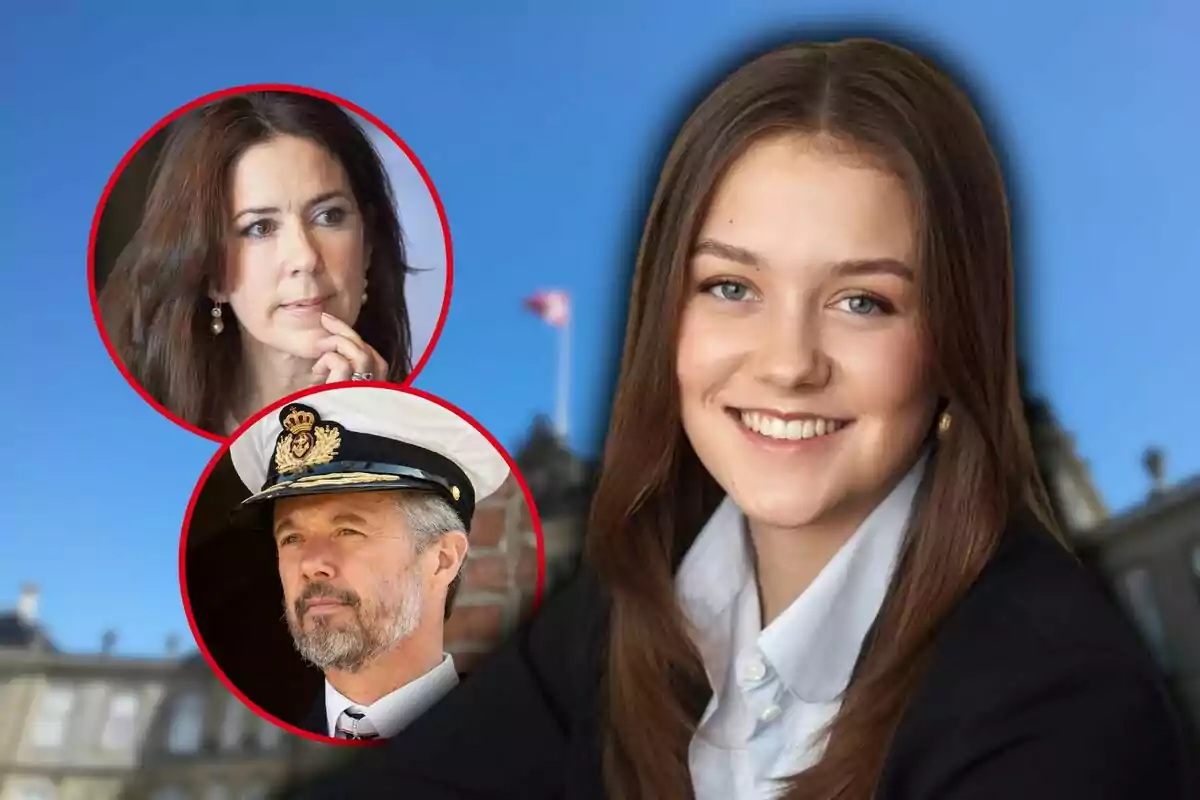 A smiling young woman in the foreground with two people in red circles in the background, a thoughtful woman and a man in a naval uniform, against a blue sky and a building.