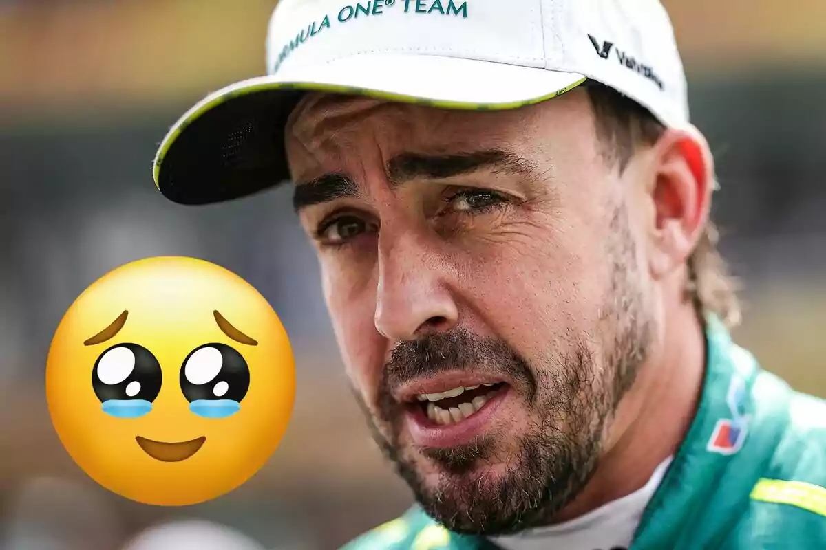 Man wearing a racing team cap with a serious expression next to a pleading face emoji with sparkling eyes and small tears