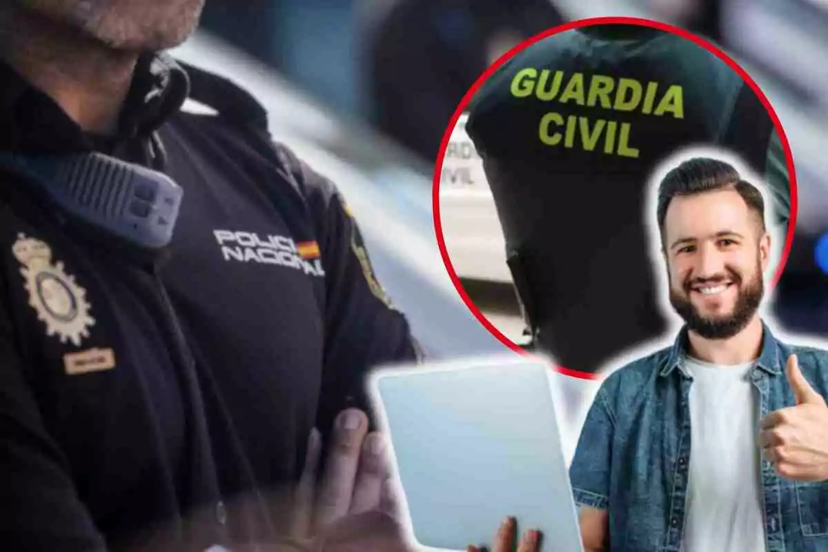 Un oficial de la Policia Nacional amb un uniforme negre i un radi a l'espatlla, una imatge circular d'un agent de la Guàrdia Civil amb un uniforme verd i un home somrient amb barba sostenint un ordinador portàtil i aixecant el polze.