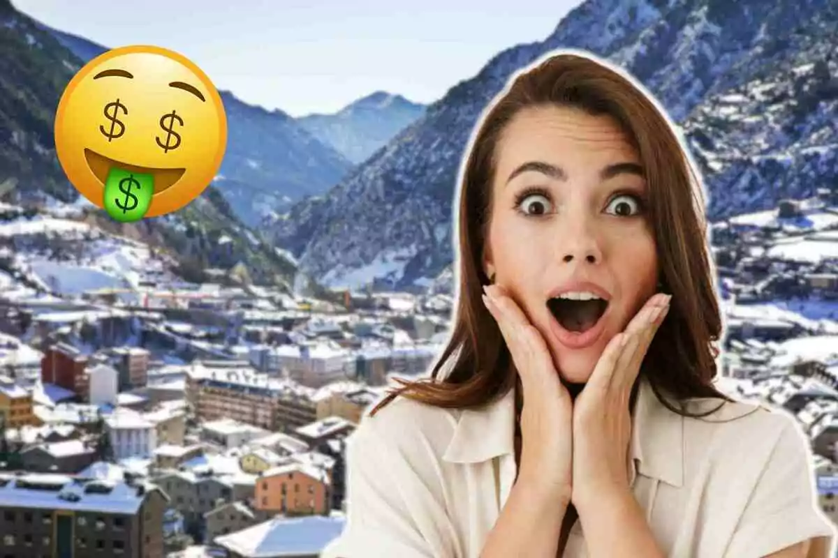 Dona sorpresa amb emoji de diners sobre un paisatge muntanyós nevat a Andorra.