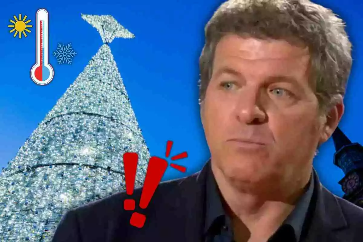 Mario Picazo amb expressió seriosa apareix al costat d'un arbre de Nadal il·luminat, un termòmetre amb símbols de sol i de neu, i signes d'exclamació vermells sobre un fons blau.