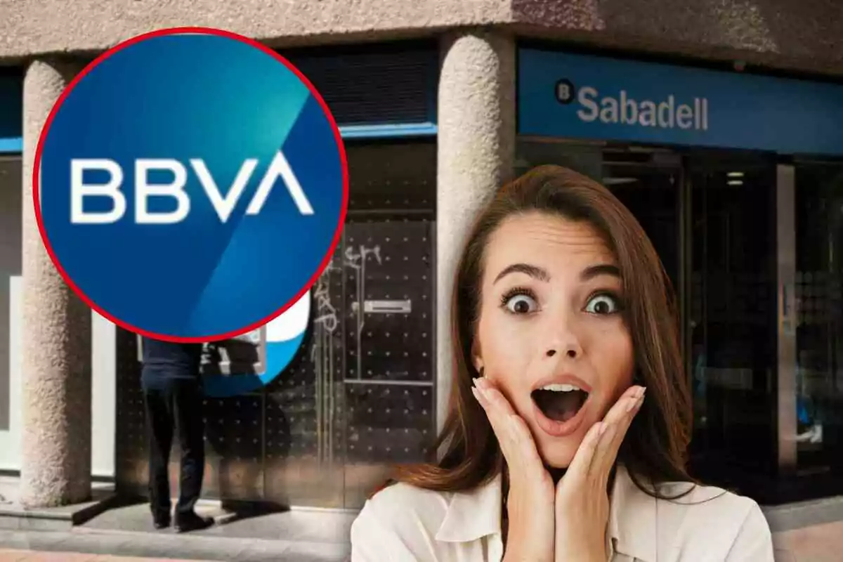 Dona sorpresa davant d'un banc amb logotips de BBVA i Sabadell.