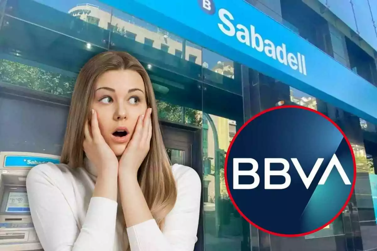 Una dona amb expressió de sorpresa apareix davant d'una sucursal del Banco Sabadell, mentre el logotip de BBVA se superposa a la imatge.