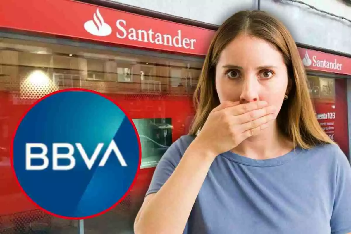 Una dona amb expressió de sorpresa es cobreix la boca davant de Banco Santander amb el logotip de BBVA superposat.