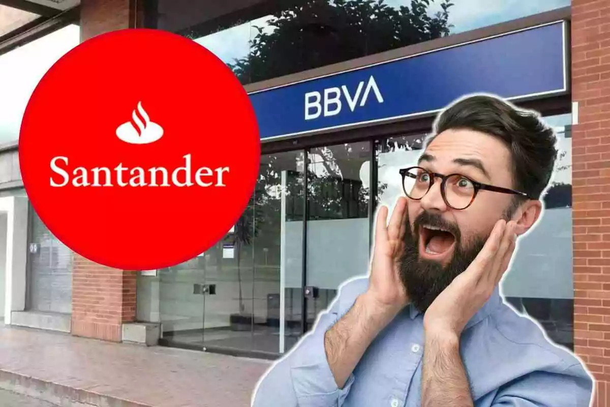 Un home amb barba i ulleres sembla sorprès davant d'una sucursal de BBVA, mentre un logotip de Santander apareix en un cercle vermell a l'esquerra.