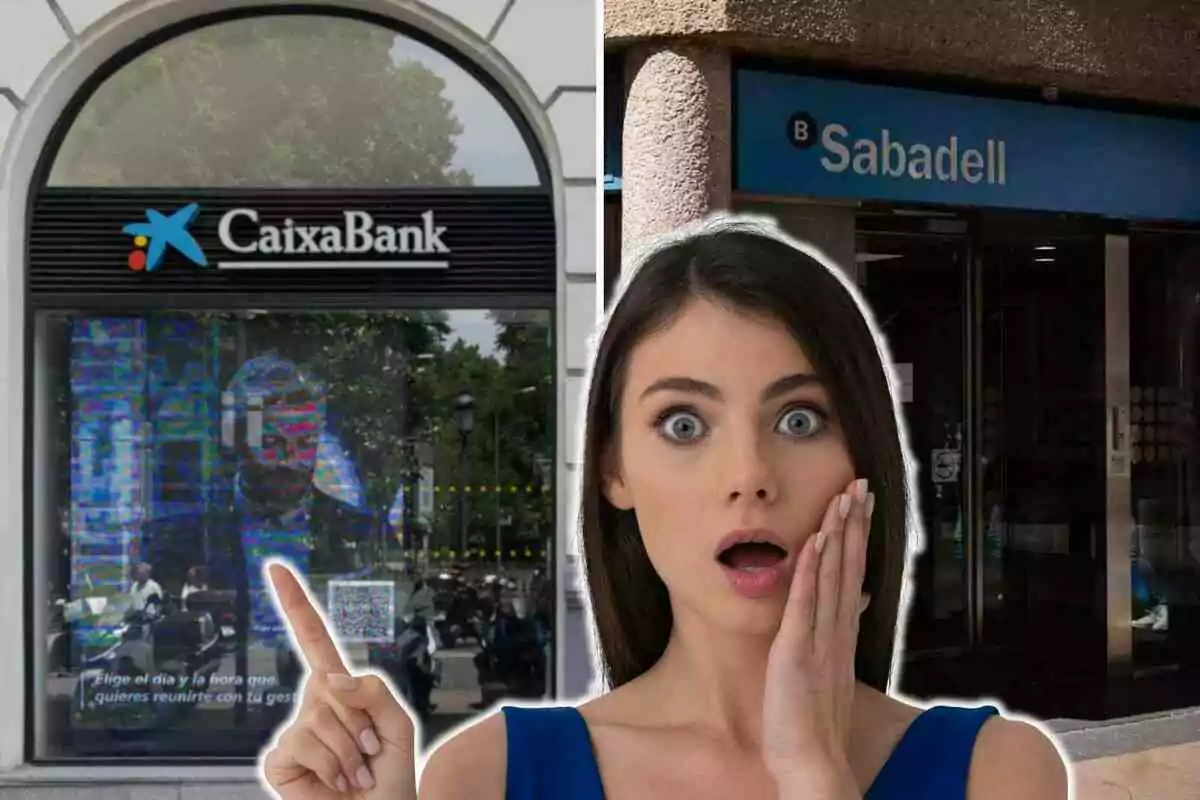 Una dona amb expressió de sorpresa és davant de les façanes de dos bancs, CaixaBank i Sabadell.