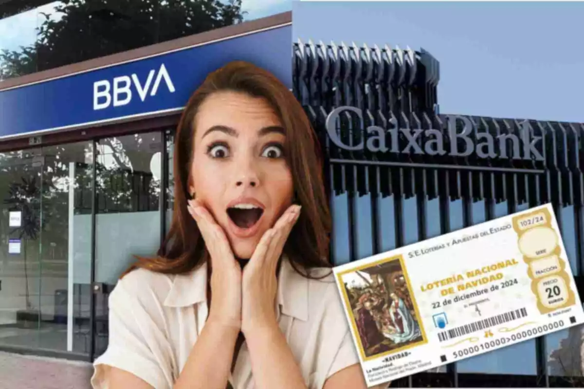 Dona sorpresa davant els logos de BBVA i CaixaBank amb un bitllet de loteria de Nadal.