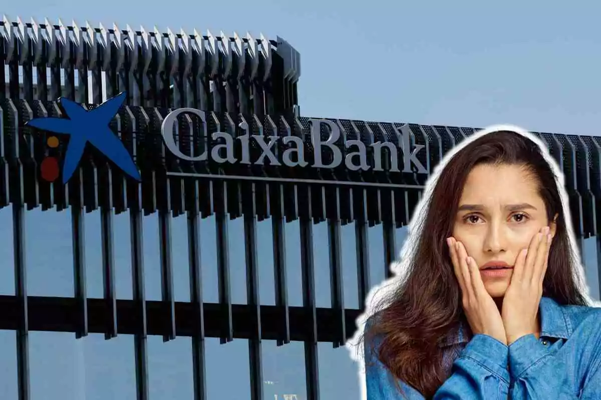 Una dona amb expressió preocupada davant d'un edifici de CaixaBank.