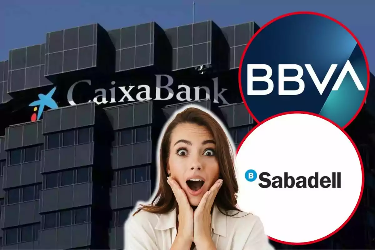 Una dona amb expressió de sorpresa davant dels logotips de CaixaBank, BBVA i Sabadell.