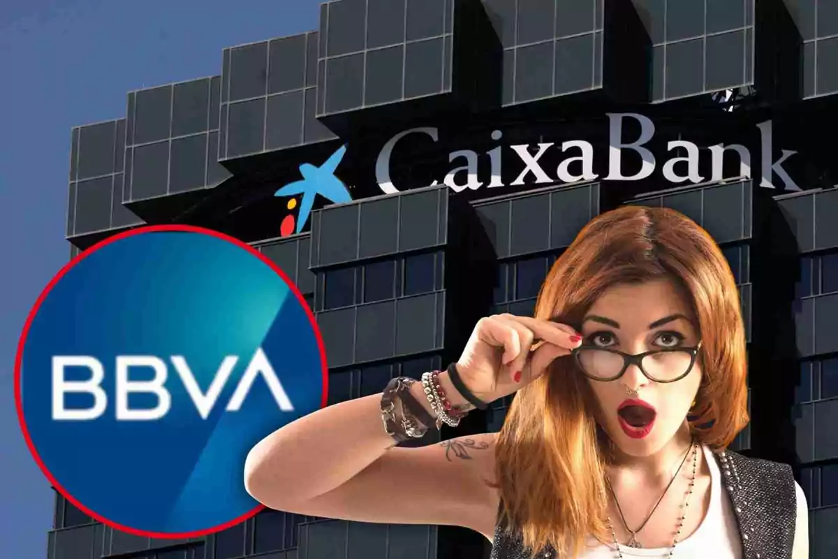 Una dona amb expressió de sorpresa davant d'un edifici de CaixaBank i el logotip de BBVA.