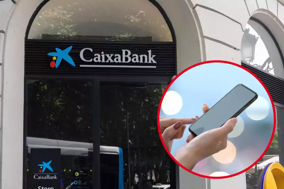 Una sucursal de CaixaBank amb un cercle vermell que mostra una persona usant un telèfon mòbil.