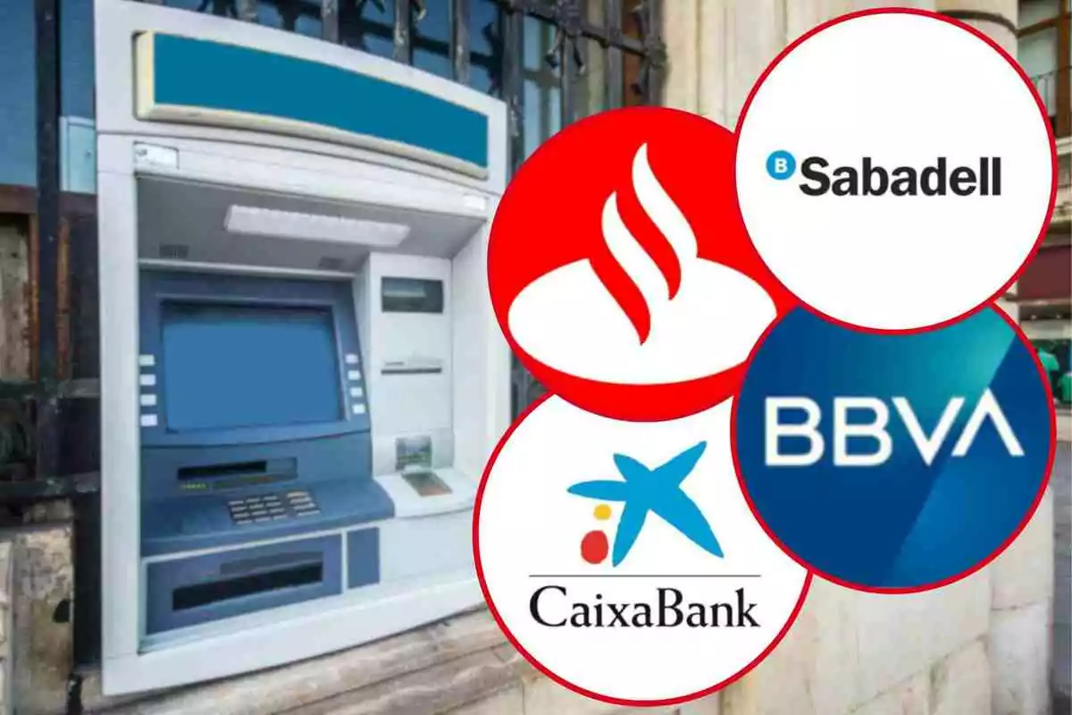 Caixer automàtic amb logotips de diversos bancs espanyols, BBVA, CaixaBank, Banco Santander i Banc Sabadell, superposats.