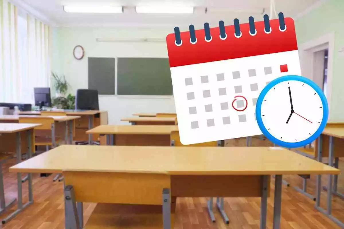 Fotomuntatge amb el fons d'una aula escolar i al capdavant un calendari amb un rellotge