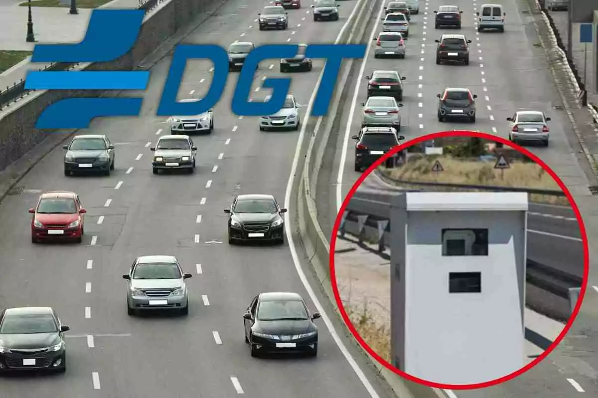 Fotomuntatge amb una imatge de fons de cotxes a la carretera, al capdavant una rodona vermella amb un radar i el logo de la DGT