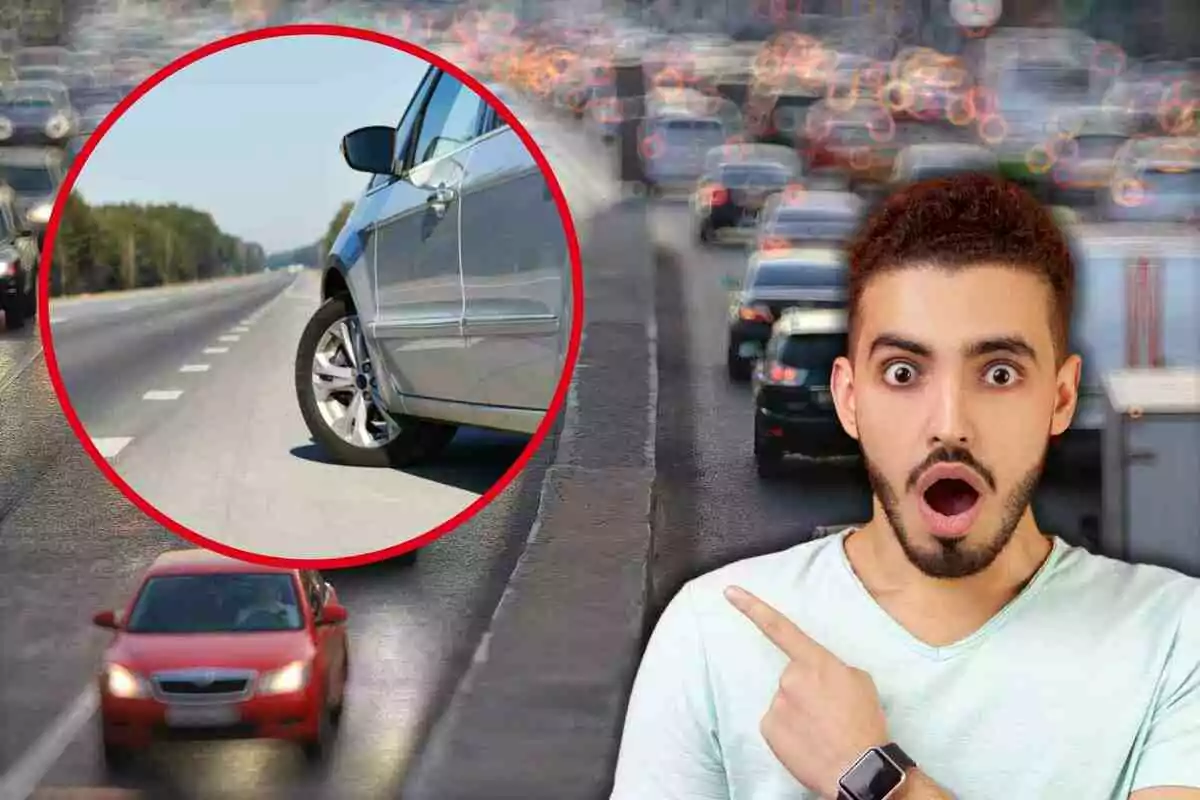 Fotomuntatge amb una imatge de fons de cotxes a la carretera, el front un home sorprès i una rodona vermella amb un cotxe a la carretera