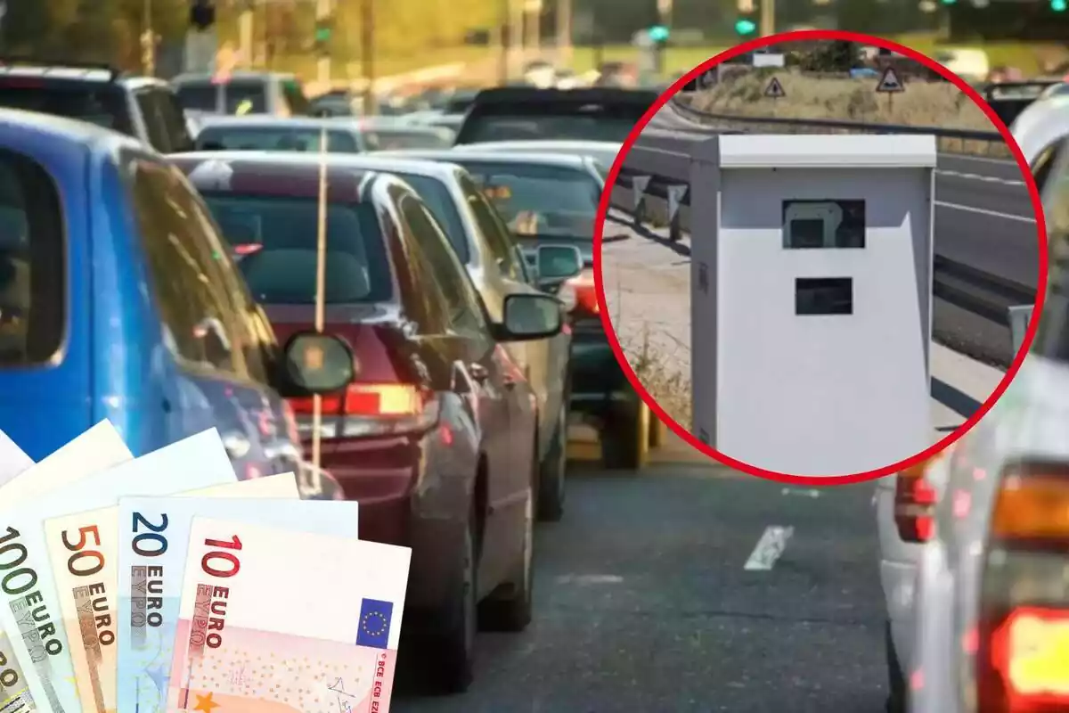 Fotomuntatge amb una imatge de cotxes en fila a una carretera i una rodona vermella amb un radar i bitllets d'euro