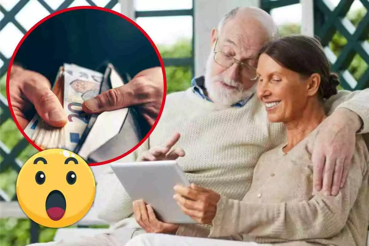 Una parella de gent gran somriu mentre mira una tauleta, amb una imatge superposada d'una mà explicant bitllets d'euro i un emoji sorprès.