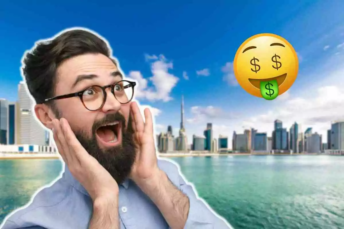 Home sorprès amb fons de Dubai i un emoji de cara amb signes de dòlar als ulls.