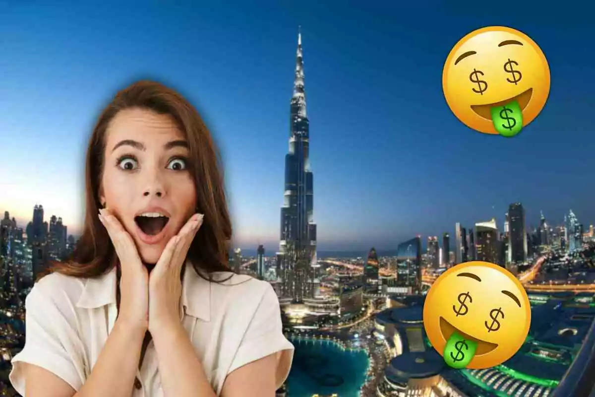 Dona sorpresa davant del Burj Khalifa amb emojis de diners.