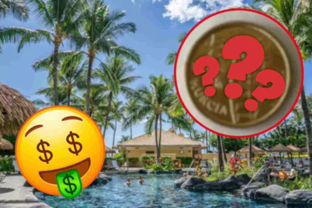 Un emoji amb signes de dòlar als ulls i la llengua, al costat d?una moneda amb signes d?interrogació, sobre un fons d?un resort tropical amb palmeres i una piscina.