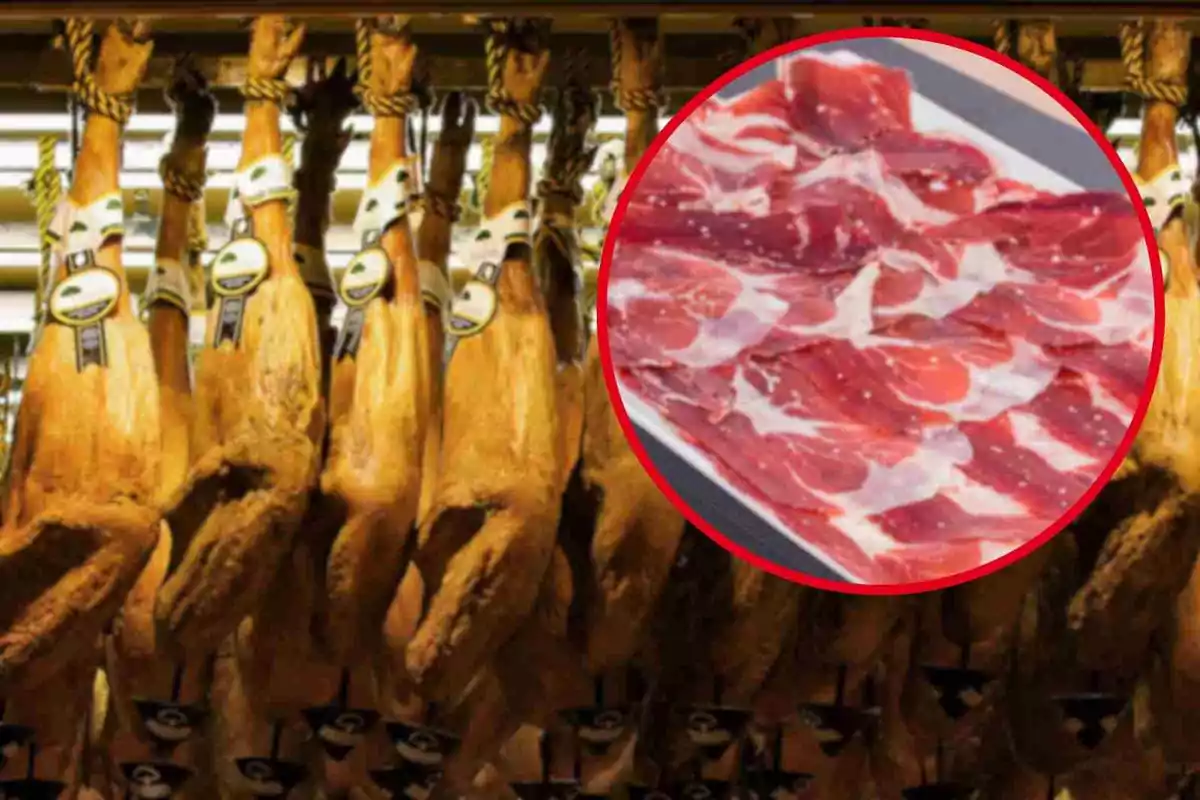 Jamones colgados en una tienda con un primer plano de lonchas de jamón en un plato.