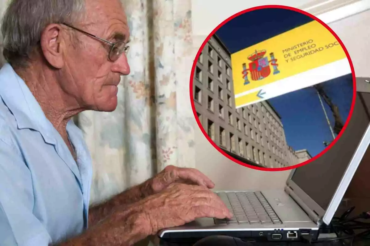 Un home gran usant un ordinador portàtil amb una imatge del Ministeri d'Ocupació i Seguretat Social d'Espanya en un requadre.