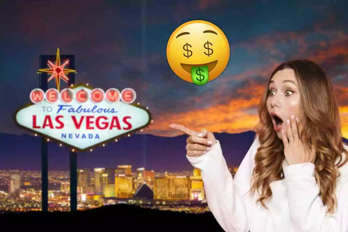 Una dona sorpresa assenyala el famós cartell de benvinguda a Las Vegas amb un emoji de diners flotant sobre ella.