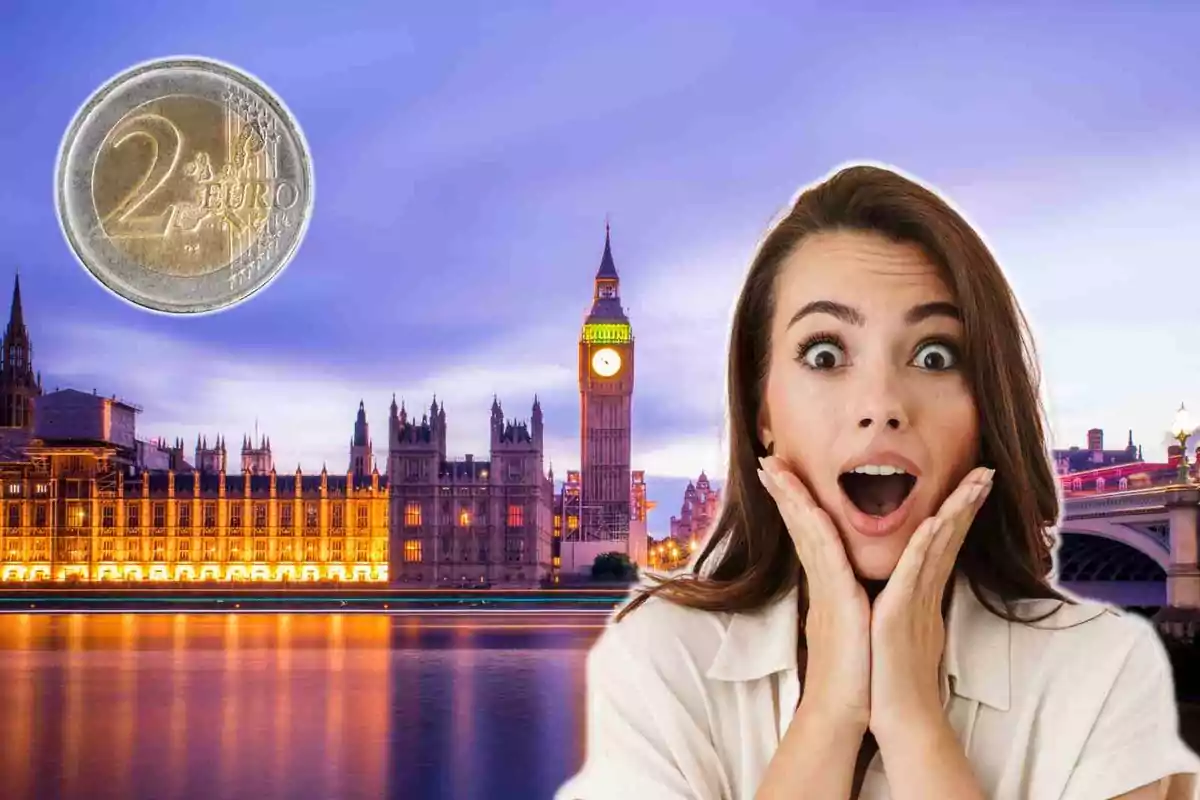 Dona sorpresa amb una moneda de dos euros i el Big Ben de fons.