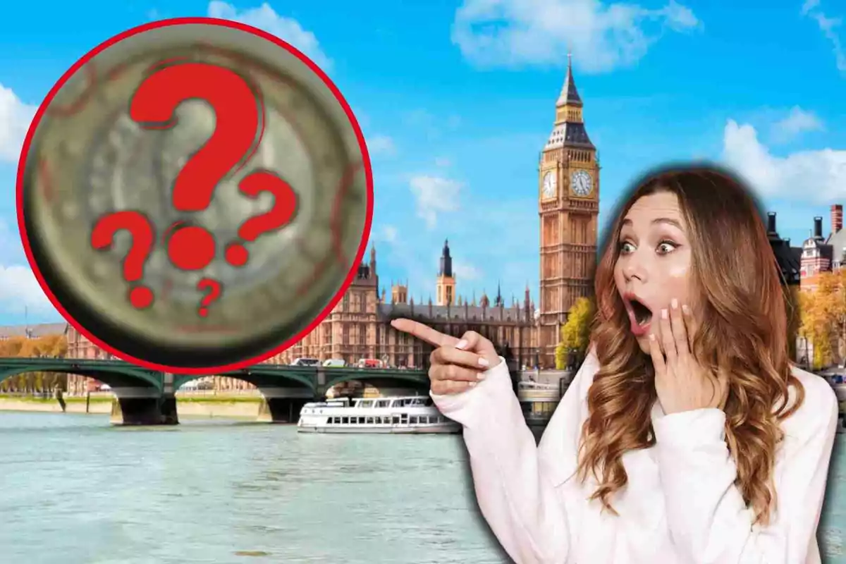 Una dona sorpresa assenyala una moneda amb signes d'interrogació davant del Big Ben a Londres.